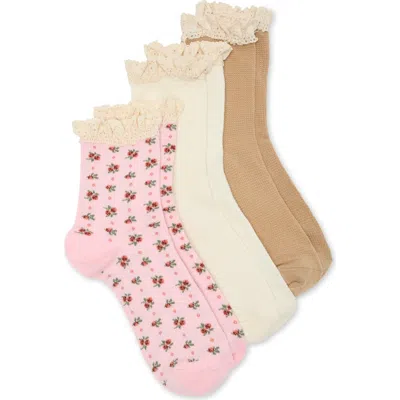 Nordstrom Rack Pack Of 3 Ruffle Trim Crew Socks In Pink Floral Multi
