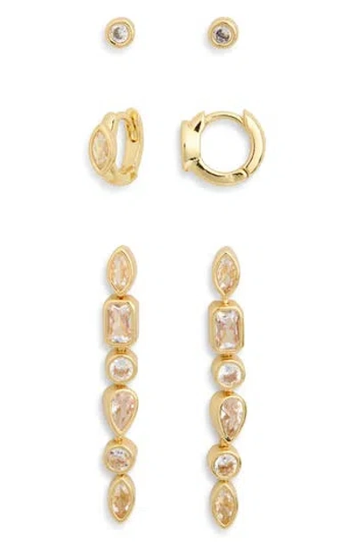 Nordstrom Rack Pack Of 3 Stud, Huggie & Linear Earrings In Gold