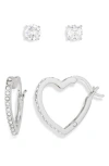 Nordstrom Rack Pack Of Two Stud & Heart Hoop Earrings In Clear- Silver