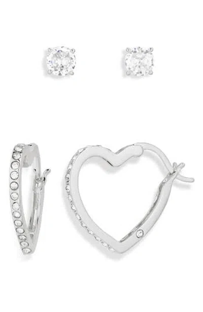 Nordstrom Rack Pack Of Two Stud & Heart Hoop Earrings In Clear- Silver