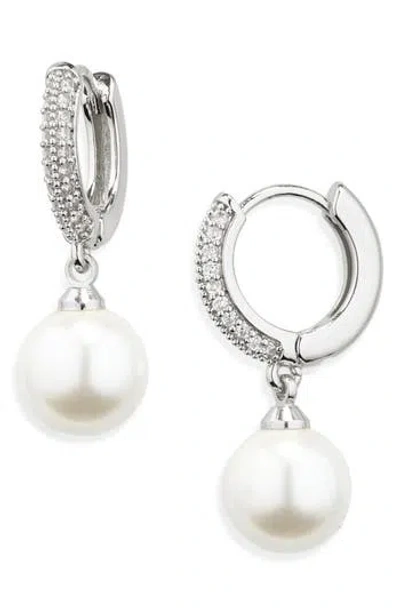 Nordstrom Rack Pavé Cubic Zirconia Faux Pearl Drop Huggie Hoop Earrings In Metallic