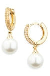 Nordstrom Rack Pavé Cubic Zirconia Faux Pearl Drop Huggie Hoop Earrings In White- Gold