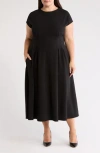 Nordstrom Rack Pleated Cap Sleeve Midi Dress In Black