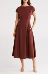 Nordstrom Rack Pleated Waist Knit A-line Dress In Brown