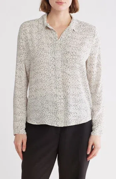Nordstrom Rack Print Long Sleeve Crepe Button-up Shirt In Ivory Tofu- Black Demi Dot