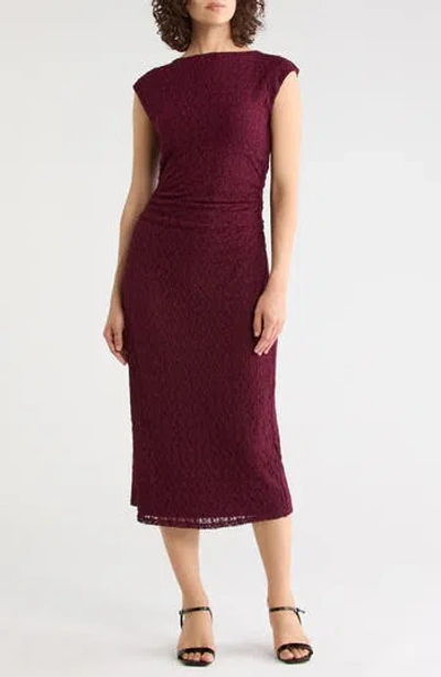 Nordstrom Rack Ruched Lace Midi Dress In Burgundy Fig