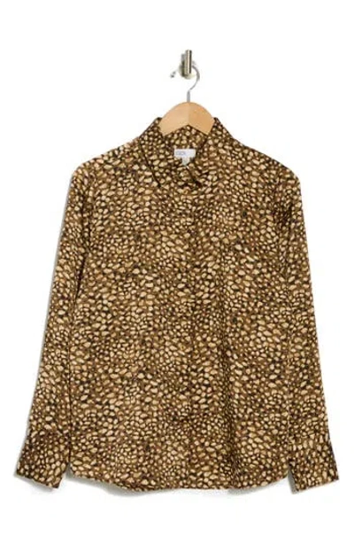 Nordstrom Rack Satin Long Sleeve Button-up Shirt In Brown Earth Clouded Leopard