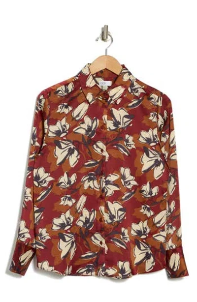 Nordstrom Rack Satin Long Sleeve Button-up Shirt In Red- Rust Painted Floral