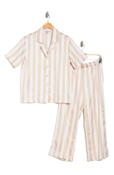 Nordstrom Rack Satin Short Sleeve Shirt & Capri Pajamas In Beige Moonlight Wide Stripe