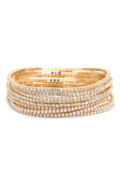 Nordstrom Rack Set Of 10 Crystal & Faux Pearl Stretch Bracelets In Gold