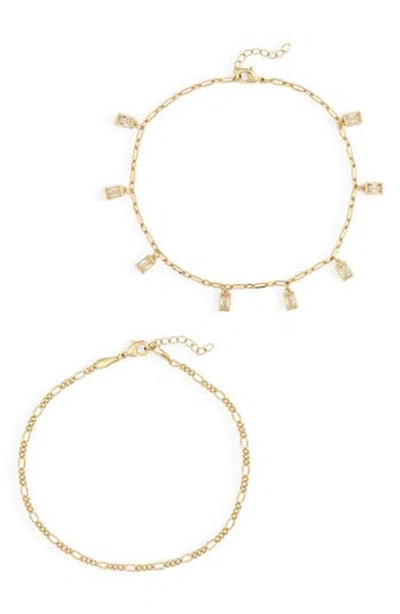 Nordstrom Rack Set Of 2 Baguette Cubic Zirconia & Figaro Chain Anklets In Gold