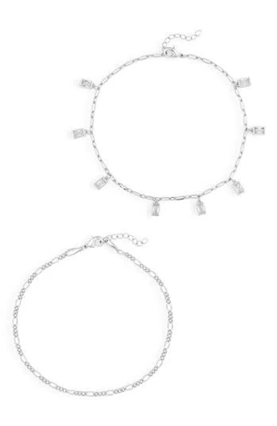 Nordstrom Rack Set Of 2 Baguette Cubic Zirconia & Figaro Chain Anklets In Silver