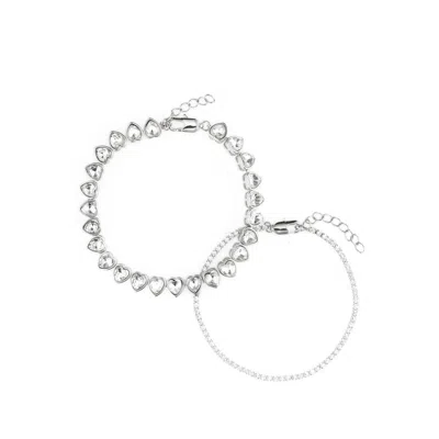 Nordstrom Rack Set Of 2 Crystal Heart & Cubic Zirconia Tennis Bracelets In Metallic