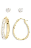 Nordstrom Rack Set Of 2 Cubic Zirconia Ball & Hoop Earrings In Clear- Gold