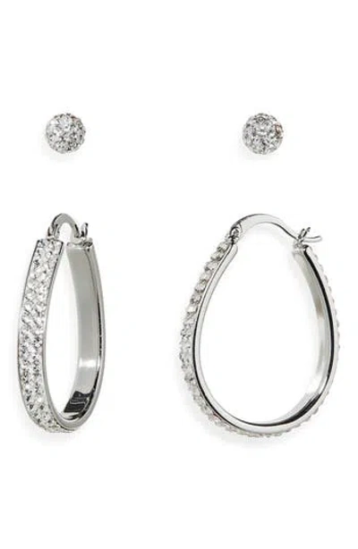Nordstrom Rack Set Of 2 Cubic Zirconia Ball & Hoop Earrings In Silver