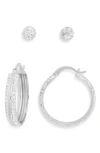 Nordstrom Rack Set Of 2 Cubic Zirconia Ball & Huggie Hoop Earrings In Clear- Silver