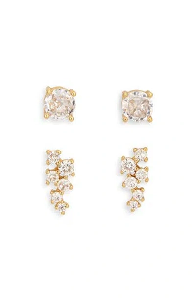 Nordstrom Rack Set Of 2 Cubic Zirconia Round & Clustered Stud Earrings In Gold