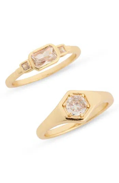 Nordstrom Rack Set Of 2 Cubic Zirconia Signet Rings In Clear- Gold