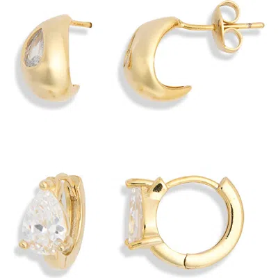 Nordstrom Rack Set Of 2 Cubic Zirconia Teardrop Stud & Huggie Hoop Earrings In Clear- Gold