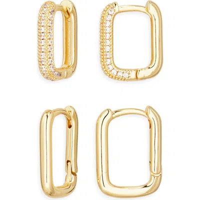 Nordstrom Rack Set Of 2 Demi-fine Pavé Cubic Zirconia Oval Huggie Hoop Earrings In Gold