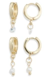 Nordstrom Rack Set Of 2 Faux Pearl & Cubic Zirconia Huggie Hoop Earrings In Gold