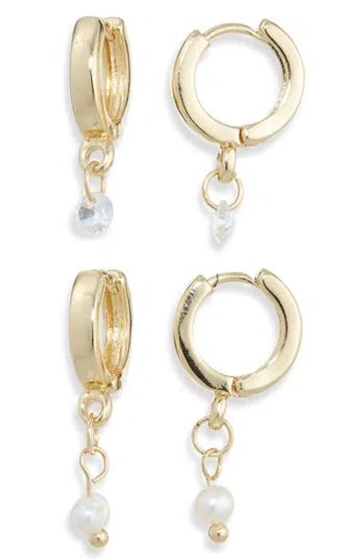 Nordstrom Rack Set Of 2 Faux Pearl & Cubic Zirconia Huggie Hoop Earrings In Gold
