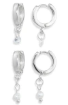 Nordstrom Rack Set Of 2 Faux Pearl & Cubic Zirconia Huggie Hoop Earrings In Silver