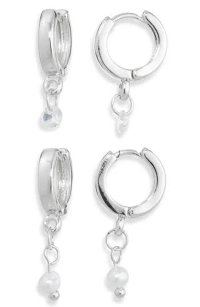 Nordstrom Rack Set Of 2 Faux Pearl & Cubic Zirconia Huggie Hoop Earrings In Silver