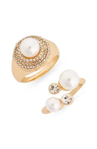 Nordstrom Rack Set Of 2 Faux Pearl & Pavé Rings In Gold