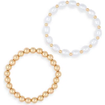 Nordstrom Rack Set Of 2 Imitation Pearl & Beaded Stretch Bracelets In White- Gold