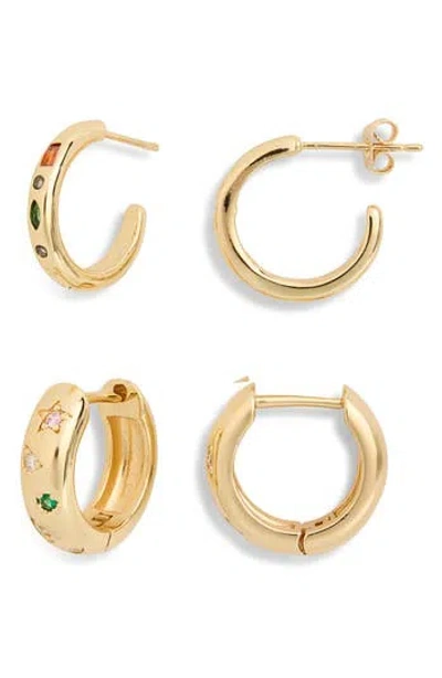 Nordstrom Rack Set Of 2 Multicolor Cubic Zirconia Huggie Hoop Earrings In Gold