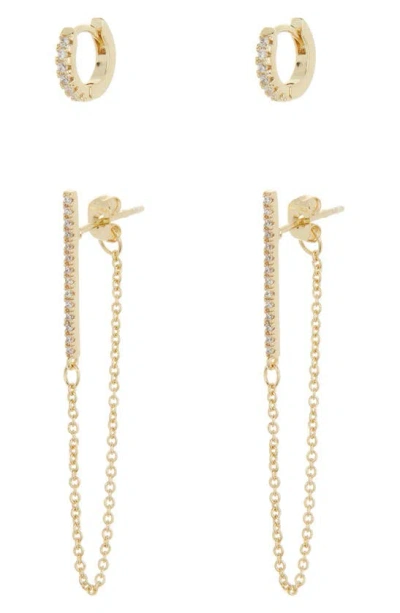 Nordstrom Rack Set Of 2 Pavé Cubic Zirconia Huggie Hoop & Bar Front/back Earrings In Gold