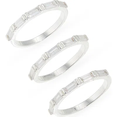 Nordstrom Rack Set Of 3 Baguette Cubic Zirconia Stackable Band Rings In Metallic