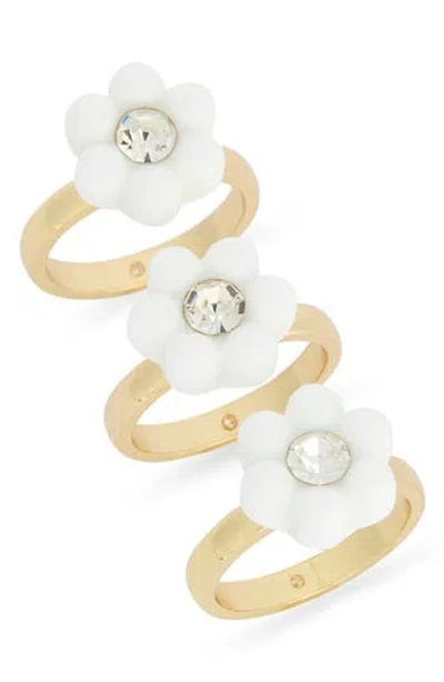 Nordstrom Rack Set Of 3 Crystal & Resin Flower Rings In Gold