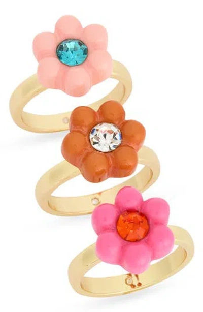 Nordstrom Rack Set Of 3 Crystal & Resin Flower Rings In Multi