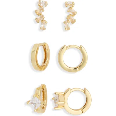 Nordstrom Rack Set Of 3 Cubic Zirconia Ear Crawler & Huggie Hoop Earrings In Gold
