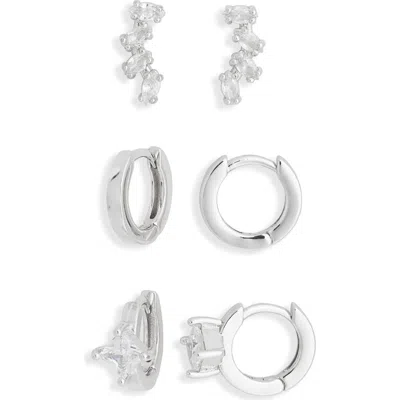 Nordstrom Rack Set Of 3 Cubic Zirconia Ear Crawler & Huggie Hoop Earrings In Silver