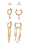 Nordstrom Rack Set Of 3 Cubic Zirconia Stud & Chain Drop Huggie Hoop Earrings In Clear- Gold