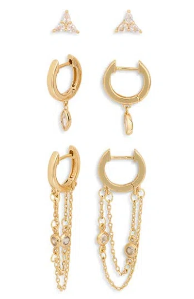 Nordstrom Rack Set Of 3 Cubic Zirconia Stud & Chain Drop Huggie Hoop Earrings In Gold