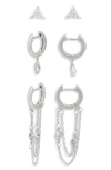 Nordstrom Rack Set Of 3 Cubic Zirconia Stud & Chain Drop Huggie Hoop Earrings In Metallic