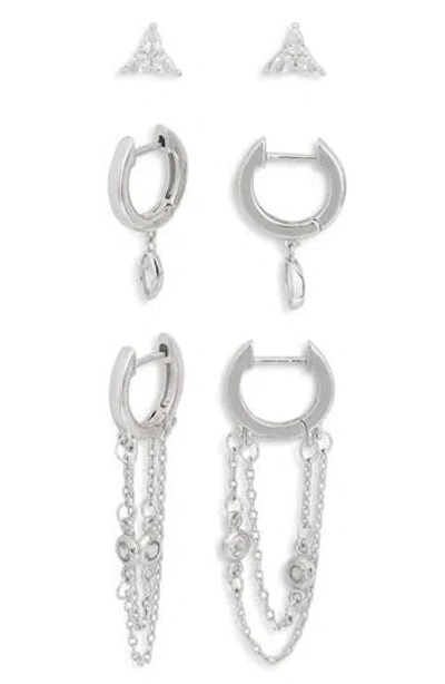 Nordstrom Rack Set Of 3 Cubic Zirconia Stud & Chain Drop Huggie Hoop Earrings In Metallic
