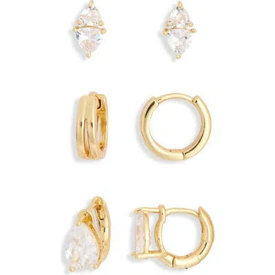 Nordstrom Rack Set Of 3 Cubic Zirconia Stud & Huggie Hoop Earrings In Clear- Gold