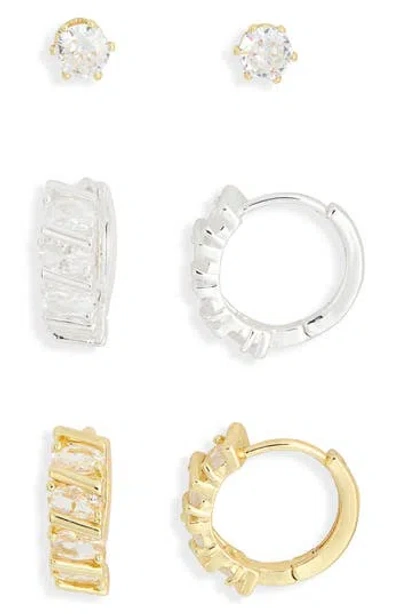 Nordstrom Rack Set Of 3 Cubic Zirconia Stud & Huggie Hoop Earrings In Metallic