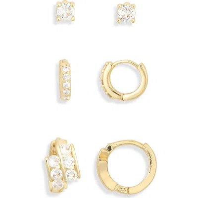 Nordstrom Rack Set Of 3 Cubic Zirconia Stud & Huggie Hoop Earrings In Metallic