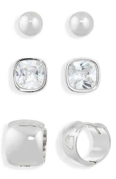 Nordstrom Rack Set Of 3 Cubic Zirconia Stud & Huggie Hoop Earrings In Brown