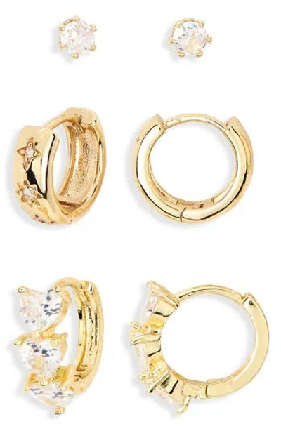 Nordstrom Rack Set Of 3 Cubic Zirconia Stud, Star & Heart Huggie Hoop Earrings In Gold