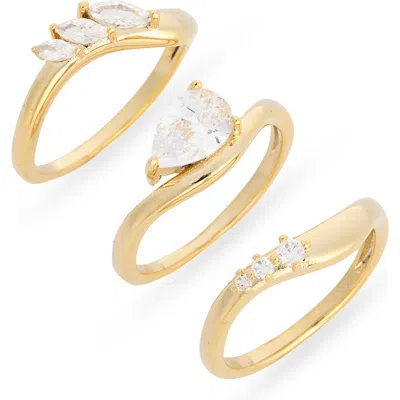 Nordstrom Rack Set Of 3 Cubic Zirconia Wavy Rings In Clear- Gold