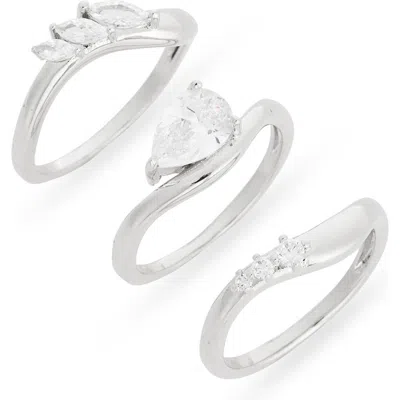 Nordstrom Rack Set Of 3 Cubic Zirconia Wavy Rings In Clear- Silver