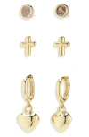Nordstrom Rack Set Of 3 Demi Fine Heart Earrings In Clear- Gold