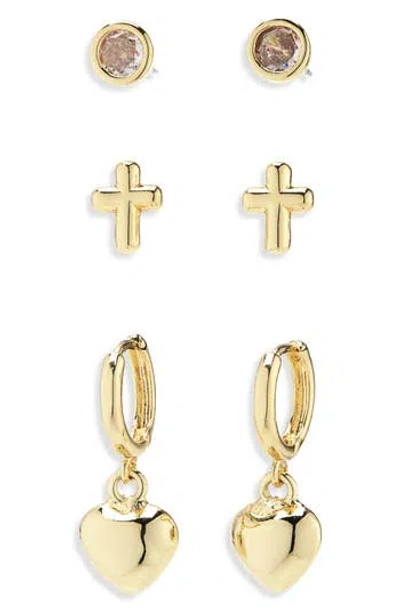 Nordstrom Rack Set Of 3 Demi Fine Heart Earrings In Clear- Gold